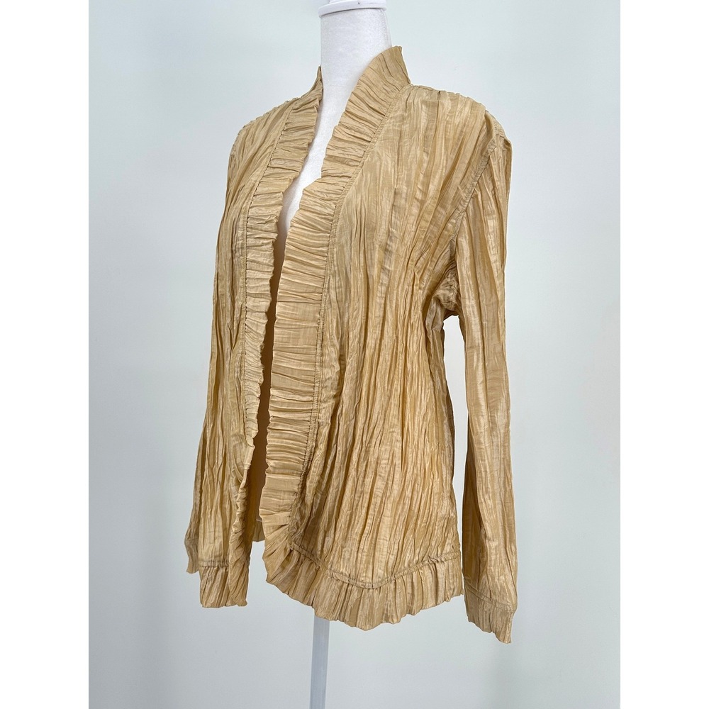 Chico's Gold Pleated Crinkle Ruffle Open Front Cardigan Jacket Gold Size 3 XL - Picture 2 of 5
